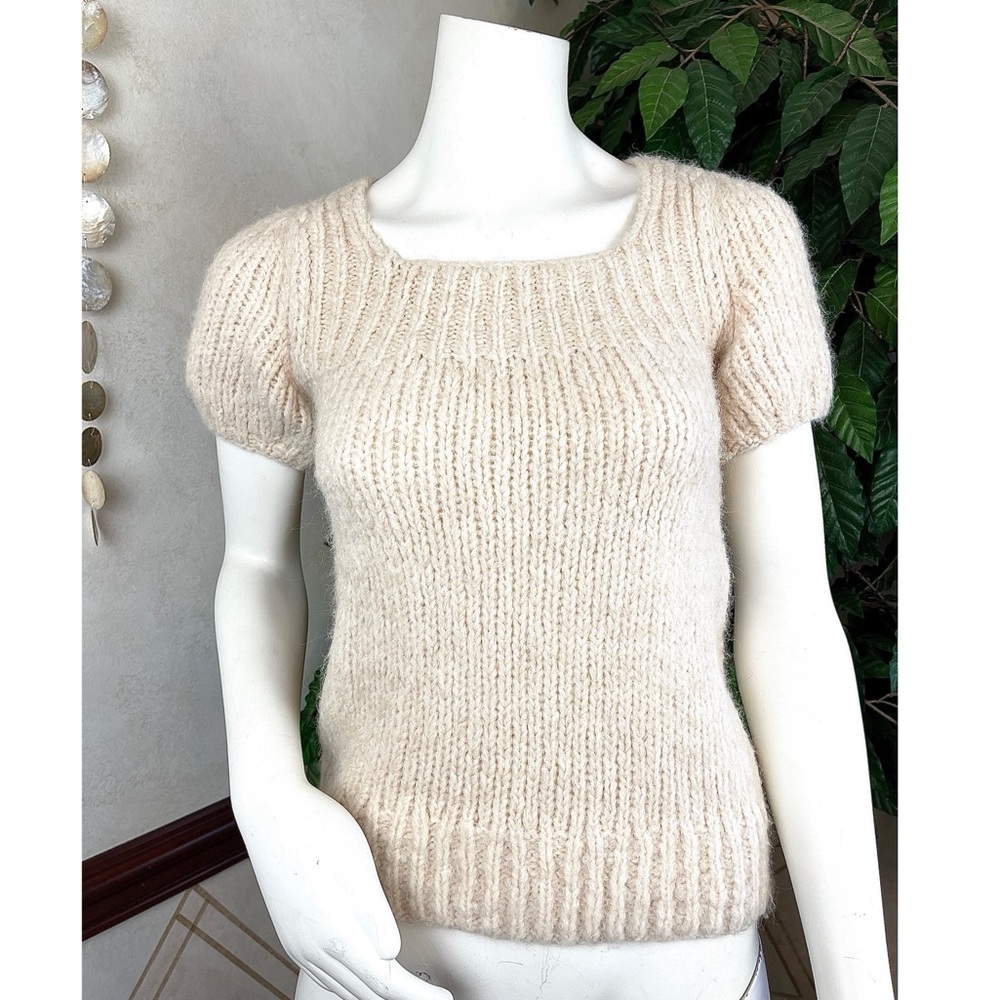 BCBGMAXAZRIA OATMEAL ALPACA SHORT PUFF SLEEVE SWEATER